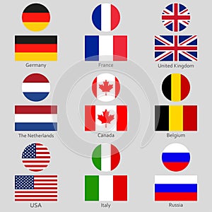 Flags icon set. National symbol of USA, UK, Holland, the Netherlands, Germany, Italy, Canada, France, Russia and Belgium. Vector i