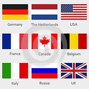 Flags icon set. Round National symbol of USA, UK, Holland, the Netherlands, Germany, Italy, Canada, France, Russia and Belgium. Ve