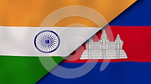 The flags of India and Cambodia . News, reportage, business background. 3d illustration