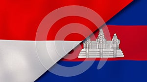 The flags of Indonesia and Cambodia . News, reportage, business background. 3d illustration