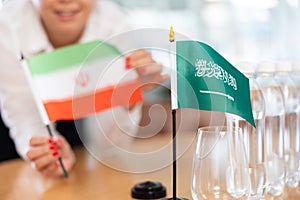 Flags of Iran and Saudi Arabia stand on negotiating table in office