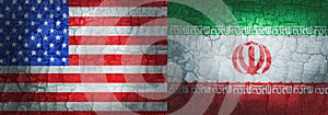 Flags of Iran and the United States of America shows distress from political conflict and war