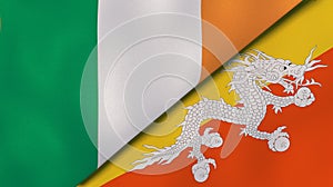 The flags of Ireland and Bhutan. News, reportage, business background. 3d illustration