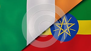 The flags of Ireland and Ethiopia. News, reportage, business background. 3d illustration