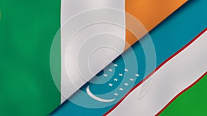 The flags of Ireland and Uzbekistan. News, reportage, business background. 3d illustration