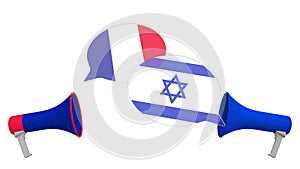 Flags of Israel and France on speech balloons from megaphones. Intercultural dialogue or international talks related 3D