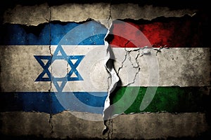 Flags of Israel and Palestine painted on cracked wall background. Concept of the Conflict or war illustration generative ai
