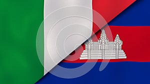 The flags of Italy and Cambodia . News, reportage, business background. 3d illustration