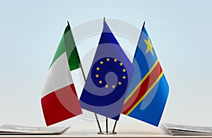 Flags of Italy EU and Democratic Republic of the Congo DRC, DROC, Congo-Kinshasa