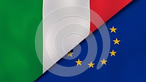 The flags of Italy and European Union. News, reportage, business background. 3d illustration