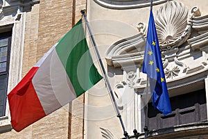 Flags of Italy and European Union waving