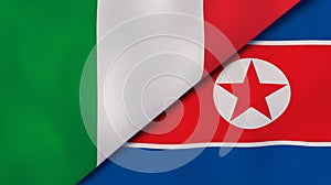 The flags of Italy and North Korea. News, reportage, business background. 3d illustration