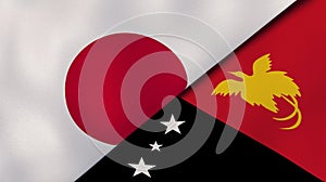 The flags of Japan and Papua New Guinea. News, reportage, business background. 3d illustration