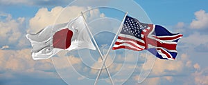 flags of Japan and United Kingdom, United States of America waving in wind on flagpoles against sky with clouds on sunny day.