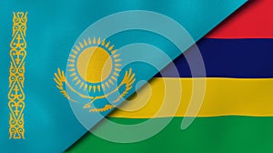The flags of Kazakhstan and Mauritius. News, reportage, business background. 3d illustration