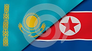 The flags of Kazakhstan and North Korea. News, reportage, business background. 3d illustration
