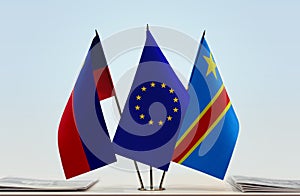 Flags of Liechtenstein EU and Democratic Republic of the Congo DRC, DROC, Congo-Kinshasa