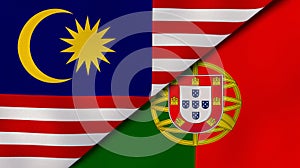 The flags of Malaysia and Portugal. News, reportage, business background. 3d illustration