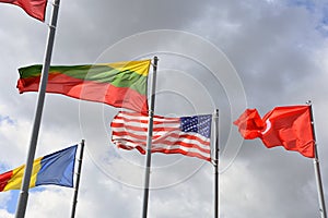 Flags of many countries, blue sky background