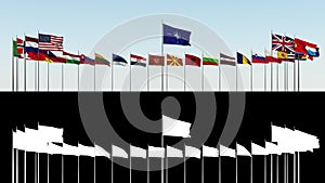 the flags of the member countries of the Nato Alliance against the sky