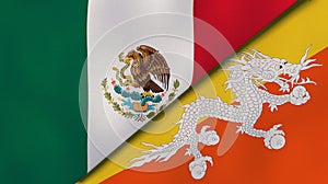 The flags of Mexico and Bhutan. News, reportage, business background. 3d illustration