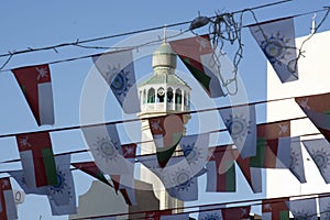 Flags and minaret at habour in Oman