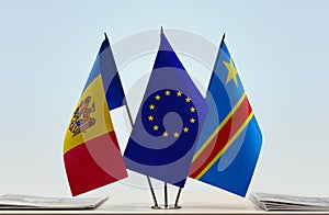 Flags of Moldova EU and Democratic Republic of the Congo DRC, DROC, Congo-Kinshasa photo