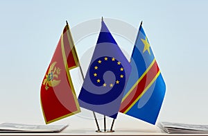 Flags of Montenegro EU and Democratic Republic of the Congo DRC, DROC, Congo-Kinshasa
