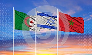 Flags of Morocco, Israel and Algeria. The problem of severing relations between Morocco and Algeria