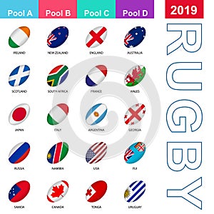 Flags of the nations participating in Rugby 2019. 20 flags in the style of a Rugby ball