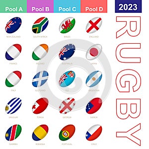 Flags of the nations participating in Rugby 2023. 20 flags in the style of a Rugby ball