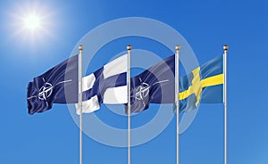 Flags of NATO - North Atlantic Treaty Organization, Finland, Sweden.  - 3D illustration.  Isolated on sky background