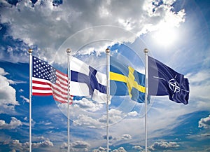 Flags of NATO - North Atlantic Treaty Organization, Finland, Sweden.  - 3D illustration.  Isolated on sky background