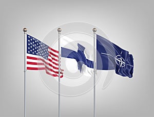 Flags of NATO - North Atlantic Treaty Organization, Finland, USA.  - 3D illustration.  Isolated on grey background