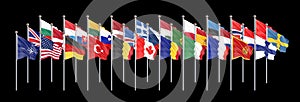 Flags of NATO - North Atlantic Treaty Organization, Sweden, Finland.  - 3D illustration.  Isolated on black background