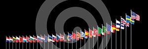 Flags of NATO - North Atlantic Treaty Organization, Sweden, Finland.  - 3D illustration.  Isolated on black background