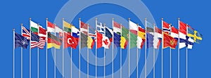 Flags of NATO - North Atlantic Treaty Organization, Sweden, Finland.  - 3D illustration.  Isolated on blue background