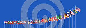 Flags of NATO - North Atlantic Treaty Organization, Sweden, Finland.  - 3D illustration.  Isolated on blue background