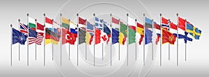 Flags of NATO - North Atlantic Treaty Organization, Sweden, Finland.  - 3D illustration.  Isolated on grey background