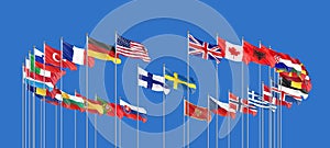 Flags of NATO - North Atlantic Treaty Organization, Sweden, Finland.  - 3D illustration.  Isolated on sky background