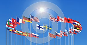 Flags of NATO - North Atlantic Treaty Organization, Sweden, Finland.  - 3D illustration.  Isolated on sky background