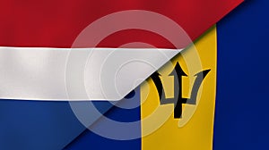 The flags of Netherlands and Barbados. News, reportage, business background. 3d illustration
