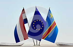 Flags of Netherlands EU and Democratic Republic of the Congo DRC, DROC, Congo-Kinshasa