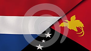 The flags of Netherlands and Papua New Guinea. News, reportage, business background. 3d illustration