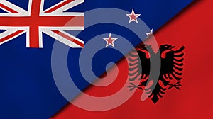 The flags of New Zealand and Albania. News, reportage, business background. 3d illustration