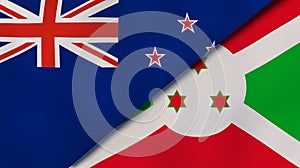 The flags of New Zealand and Burundi. News, reportage, business background. 3d illustration