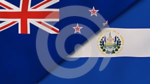 The flags of New Zealand and El Salvador. News, reportage, business background. 3d illustration photo
