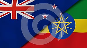 The flags of New Zealand and Ethiopia. News, reportage, business background. 3d illustration
