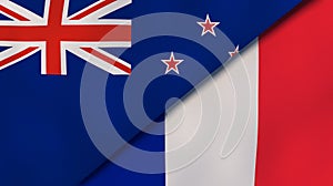 The flags of New Zealand and France. News, reportage, business background. 3d illustration