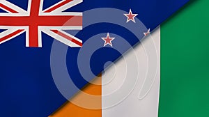 The flags of New Zealand and Ivory Coast. News, reportage, business background. 3d illustration